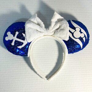 VTG Disney-Parks White & Blue Nautical Minnie Mouse Bow Sequins Headband Ears US